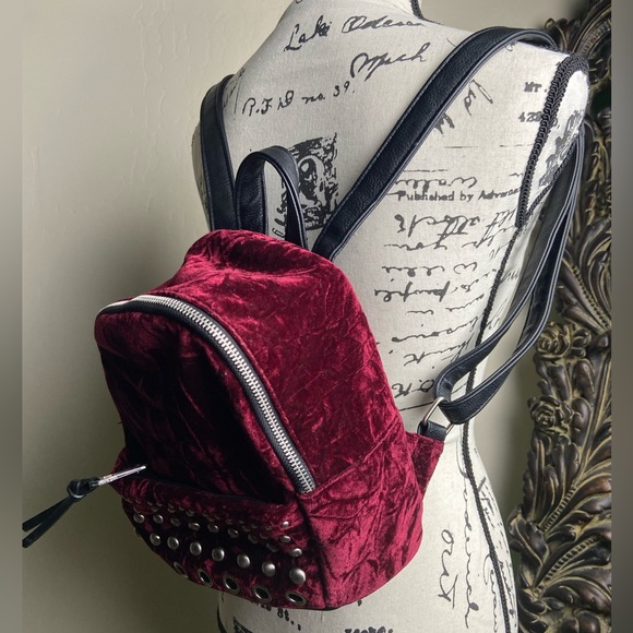 Steve Madden Dark Red Burgundy Velvet Backpack with Studs - Picture 2 of 8